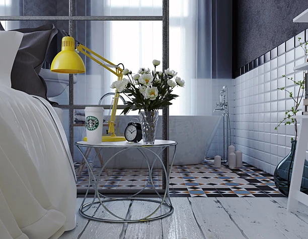 Combination of bedroom and bathroom