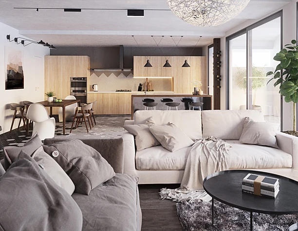 living room, kitchen.