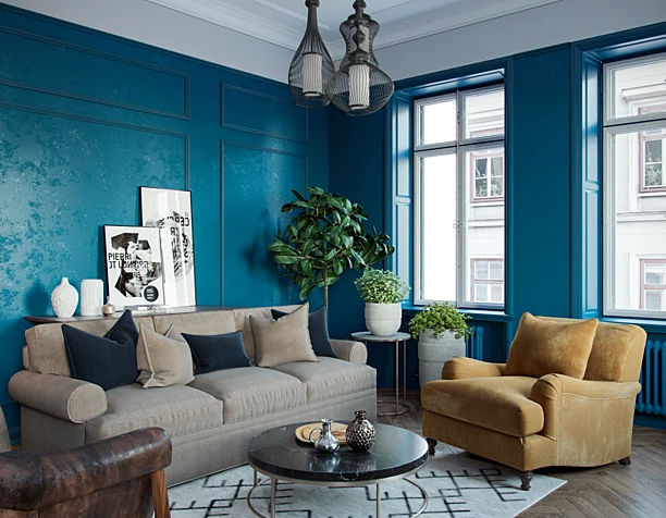 Living room interior in blue.