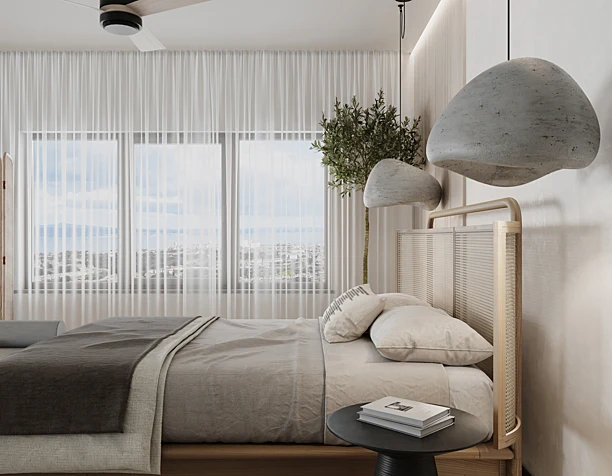 Bedroom in style Wabi Sabi. Minimalism.