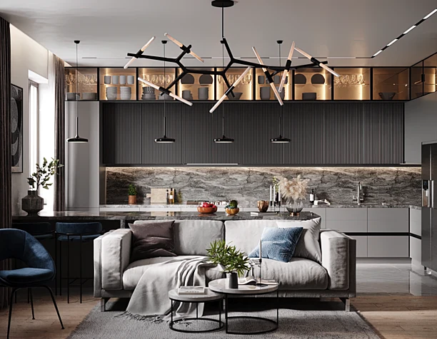 kitchen and living room