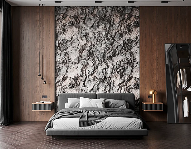 Bedroom with stone wall