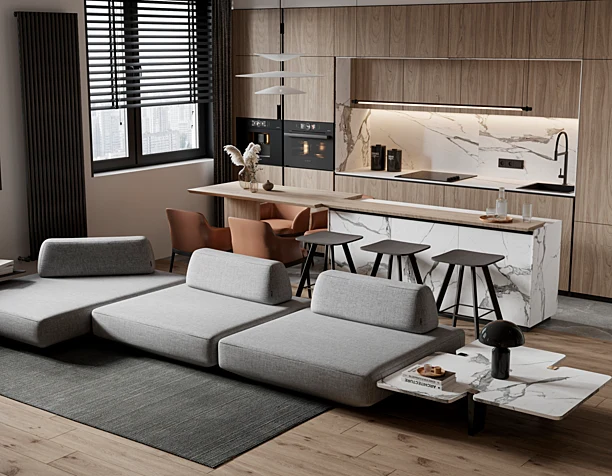 Kitchen, living room and bedroom(сделано по референсу)