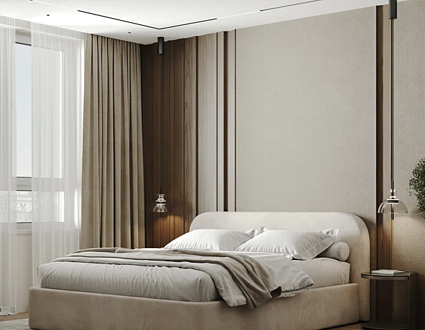 Minimalist bedroom of seventh continent residential complex in Krasnodar