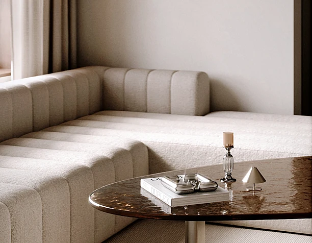 Modern living room with a combination of wood, metal and glass.