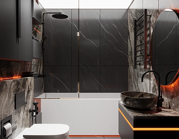 Modern Bathroom in Dark Tones with Neon Lighting