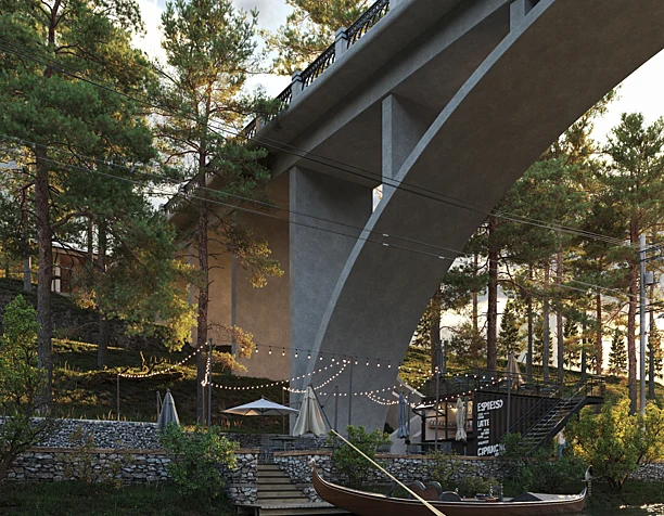Современное кафе у реки под мостом | ArchViz Exterior Scene
