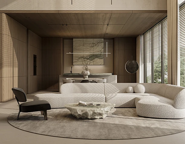 Warm Minimalist Living Room & Kitchen