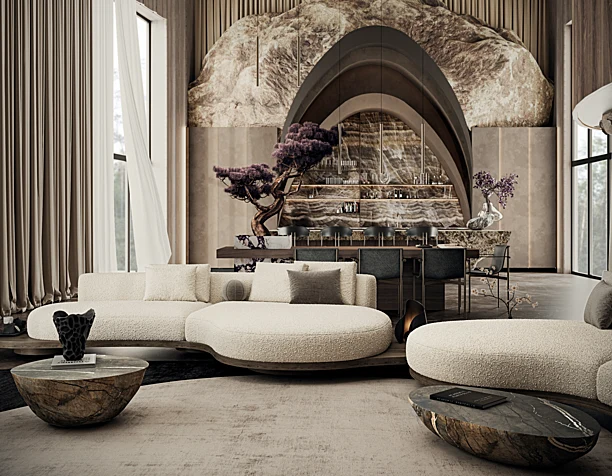 Living space with rock kitchen