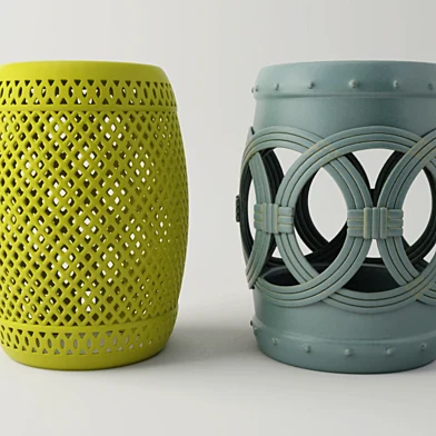 Blue and yellow garden stools