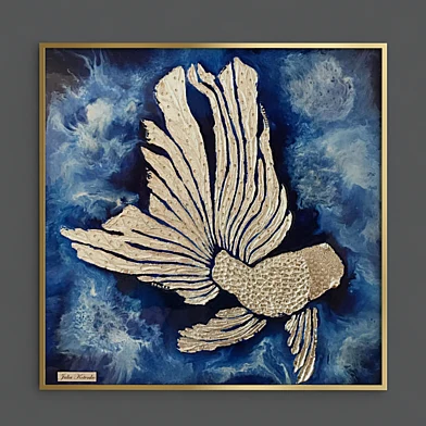 Golden deer, dragonfly, fish