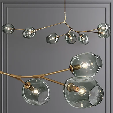 7-globe Branching Bubble Brushed Brass and Dark Green Glass