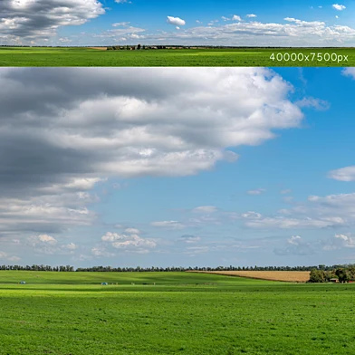 Панорама с красивыми облаками и зеленым полем. 40k