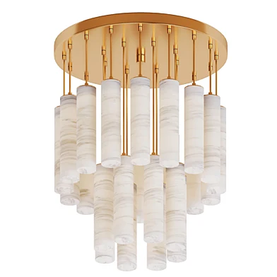 A line of designer lamps with a marble shade on a suspension