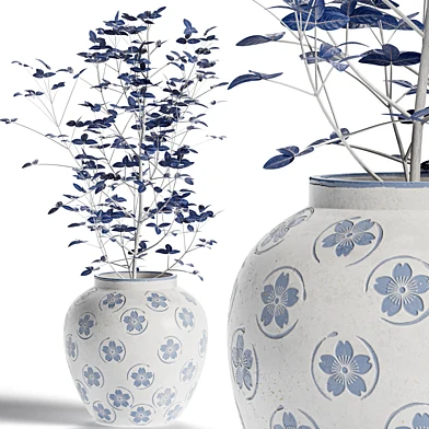 Blue Floral Vase with Plant