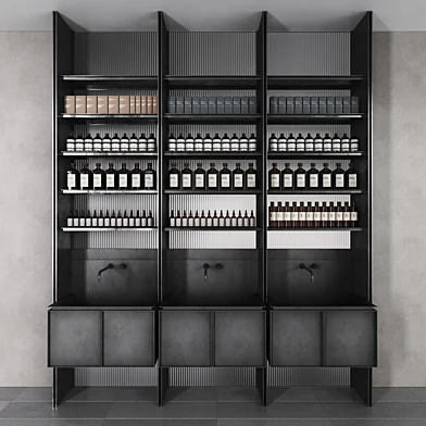 Cosmetic set glass and metal shelving