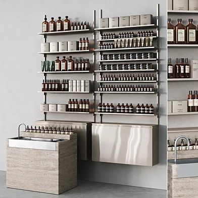 Cosmetic set with metal shelving and wash basin