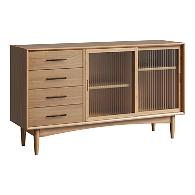 Mid-Century Modern 55" Natural Sideboard Buffet with 2 Glass Doors & 4 Drawers & 1 Shelf