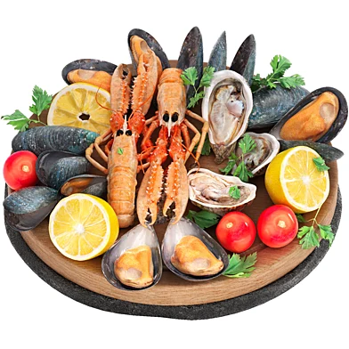 seafood plate of langoustines oysters and mussels