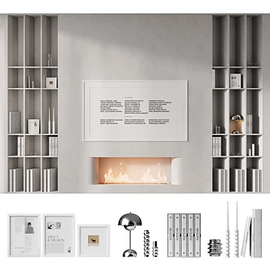 Stone TV wall with fireplace and shelving