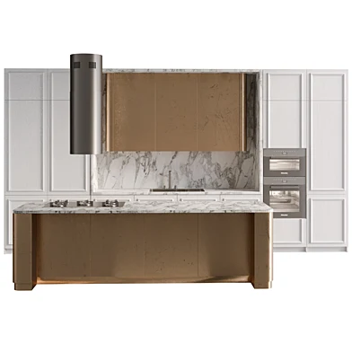 neoclassical golden kitchen with marble & white wood 05