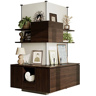 Modern Partition Cabinet with Floating Shelves Walnut Wood and Black Steel 87