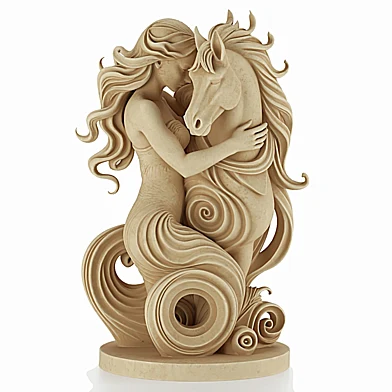 Hugging a horse sculpture