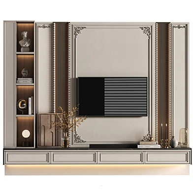 neoclassic luxury Tv Wall unit with fluted wood cabinet set 012