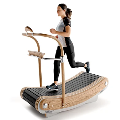Curved Wooden Treadmill 3D Model with Female Runner Figure
