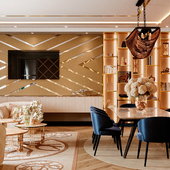 Interior design of Luxury studio apartment with big kitchen.