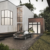 exterior visualization minimal house with car