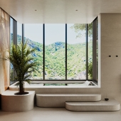 Bathroom visualization with microcement bath-tube near panoramic window.