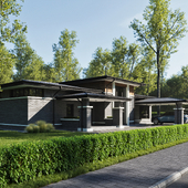 HOUSE IN WRIGHT STYLE. ARCHITECTURE AND RENDERING