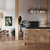 Визуализация кухни-гостиной в загородном доме типа Фахверк с панорамными окнами. Telegram 8-999-014-84-14