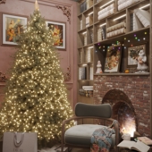 Уютный уголок с камином и новогодней ёлкой.