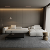 Современная минималистичная гостиная в тёплой нейтральной палитре