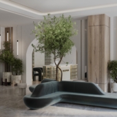 3D visualization of the reception area in a biophilic design