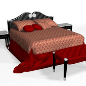 bed, bedside tables, a pouf
