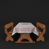 Table with a tablecloth and shops