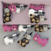 Toys - pillows, pig, sheep, bull
