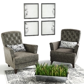 Классические кресла, трава в горшке и картины