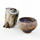 Cast iron pot and a stump