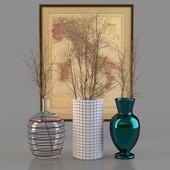 Set of three vases + frame + branches