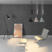 Table, Chair, Ceiling light, Floor lamp, Frame