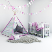 Set for baby girl - wigwam with mattress, pillows, fur coat and cot