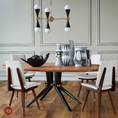 Trocadero wood dining table, Camille dinning chair, Caracas Six-light chandelier, Vases, Flying bird