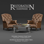 Restoration Hardware / Diplomat Leather Club Chair & Nicholas Oak Round Coffee Table