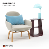 Normann Copenhagen. Era Lounge Chair Low / Stay Table 40x40 / Cap Table Lamp