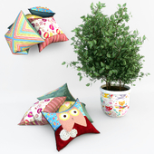 Decorative set of pillows with ficus