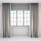 Прямые шторы в пол и римские шторы в современном стиле с окном